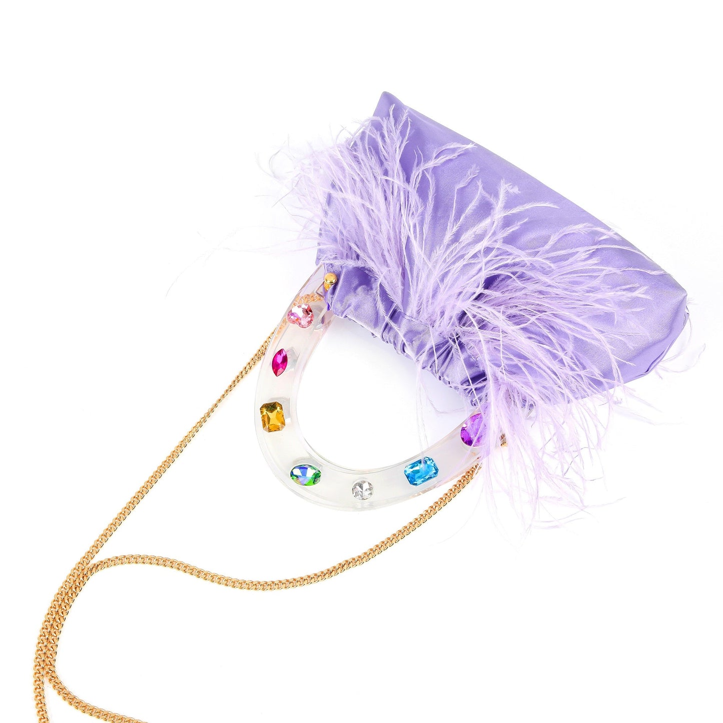 Regal Purple Diamond-Adorned Feather Acrylic Top Handle Bag-4