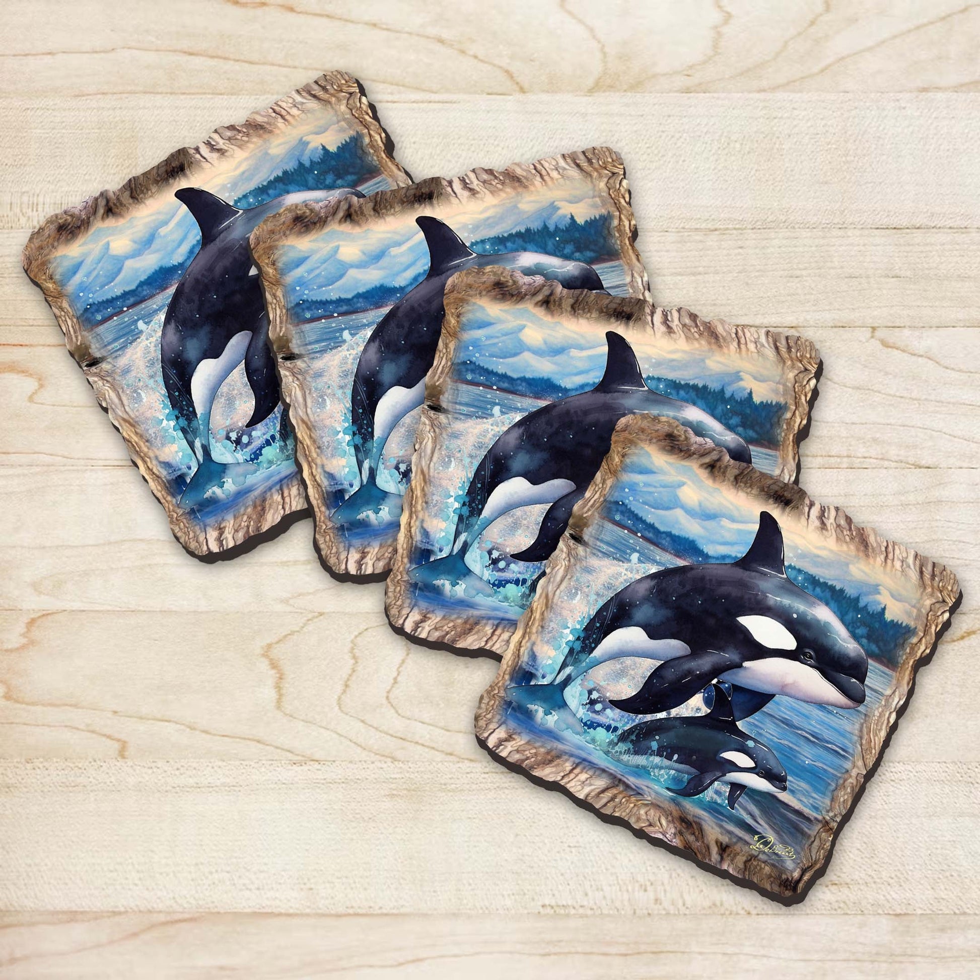 Orca Wooden Cork Coasters Gift Set of 4 by Nature Wonders Coastal Nature Wildlife Decor  - 95396C-S4-1