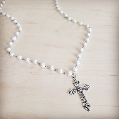 **Pearl Long Beaded Necklace with Antique Silver Cross 262p-0