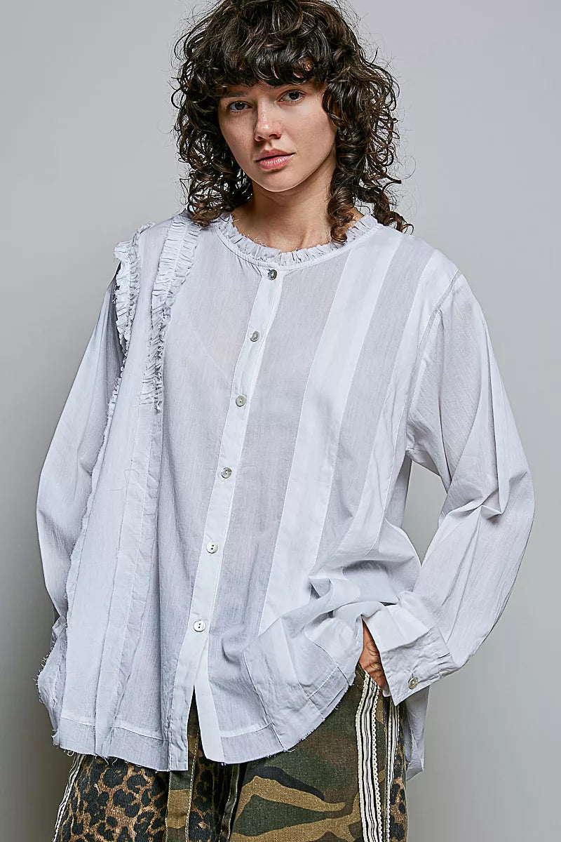Lightweight Ruffle Trim Round Neck Woven Shirt