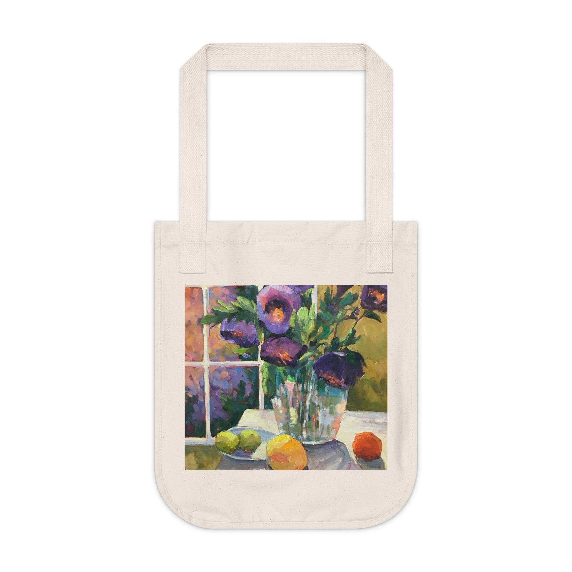 Organic Canvas Tote Bag with 'Purple Flowers' Floral I Original Artwork by American Artist Barbara Cleary-0