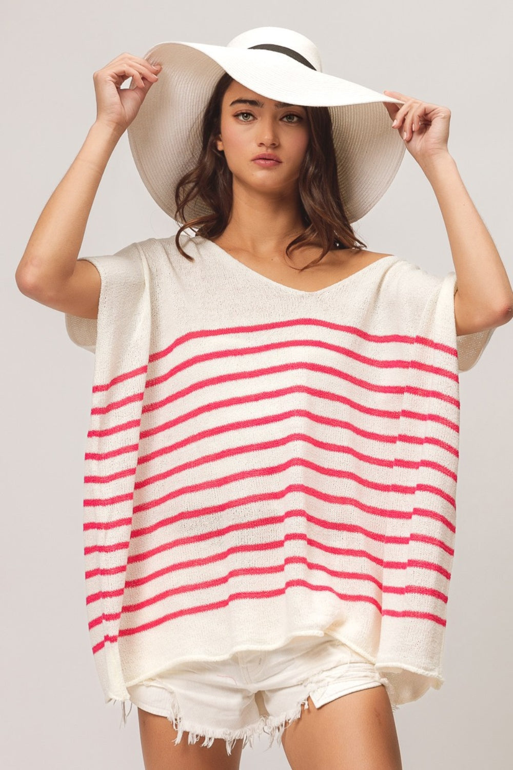 BiBi V Neck Striped Short Sleeve Top-0