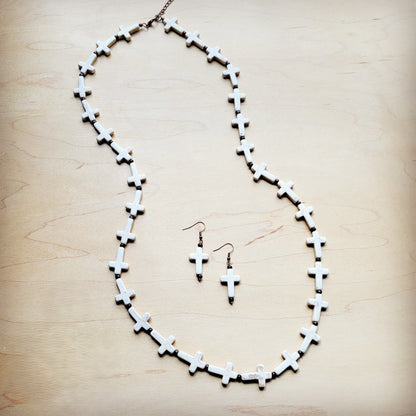 **White Turquoise & Wood Beaded Cross Necklace 258o-3