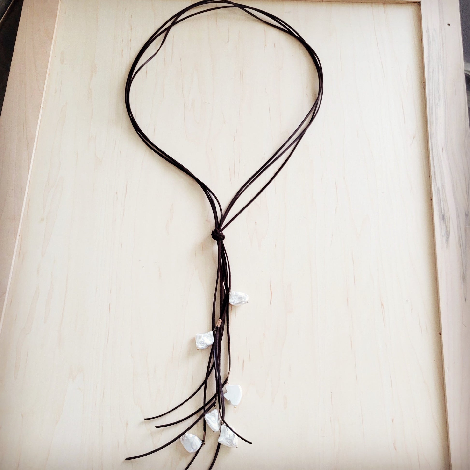 Dark Brown Boho Knotted Leather Cord Necklace w/ Pearls 263w-0