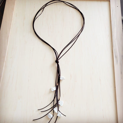 Dark Brown Boho Knotted Leather Cord Necklace w/ Pearls 263w-0