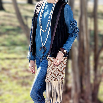 **White Turquoise & Wood Beaded Cross Necklace 258o-2