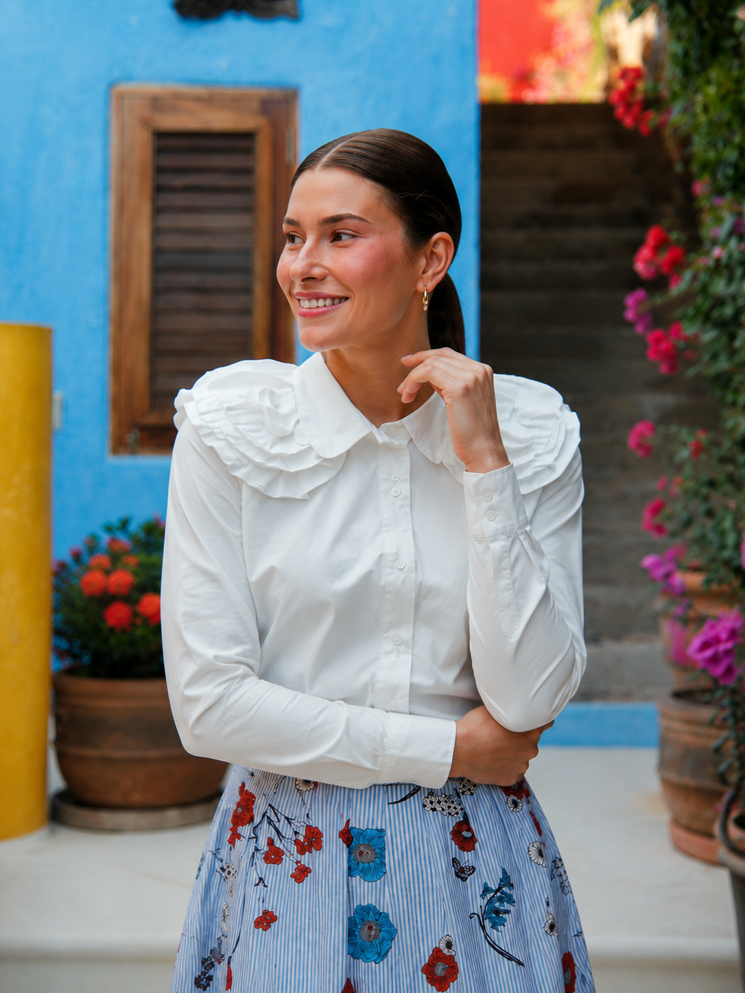 Flower Detail Cotton Blouse-White-1
