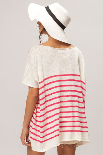 BiBi V Neck Striped Short Sleeve Top-1