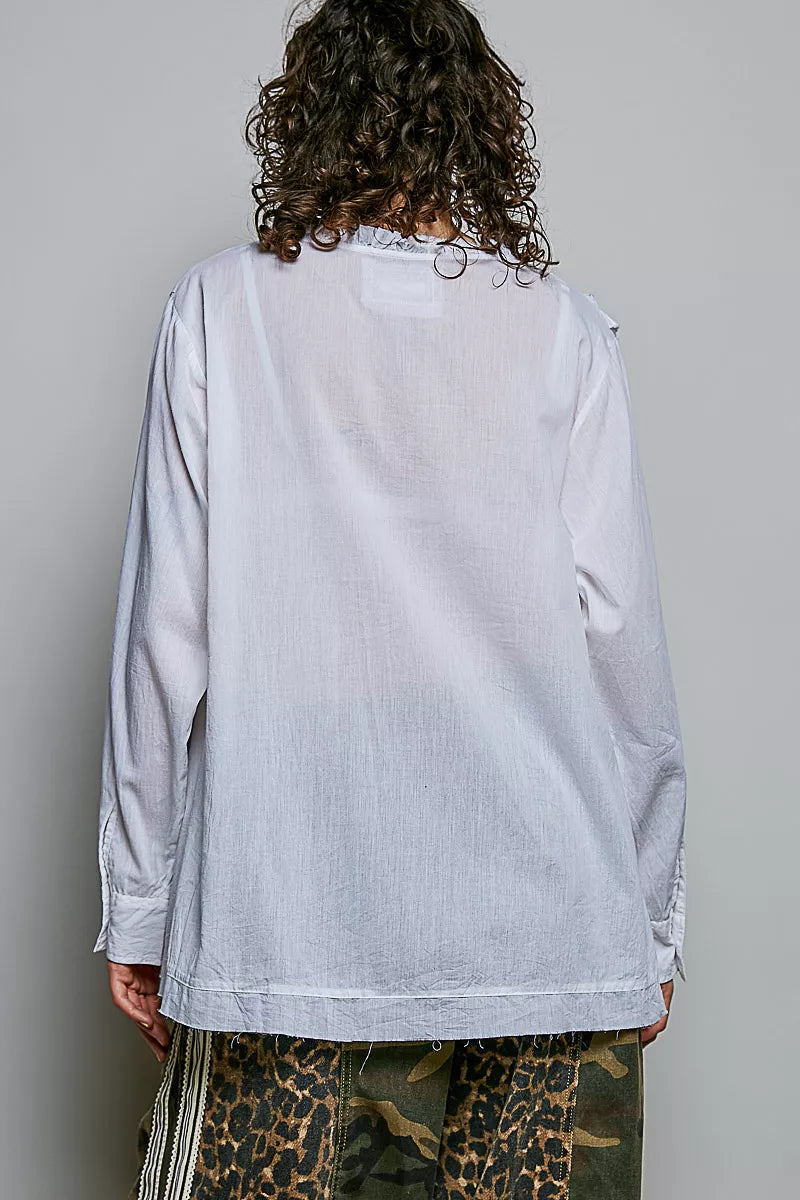 Lightweight Ruffle Trim Round Neck Woven Shirt