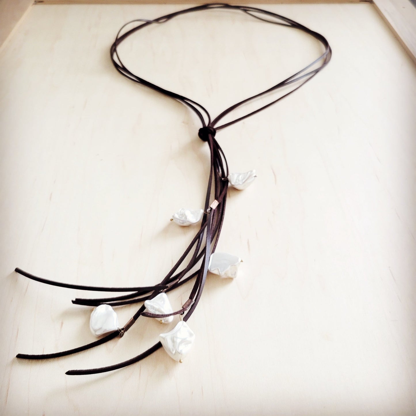 Dark Brown Boho Knotted Leather Cord Necklace w/ Pearls 263w-2