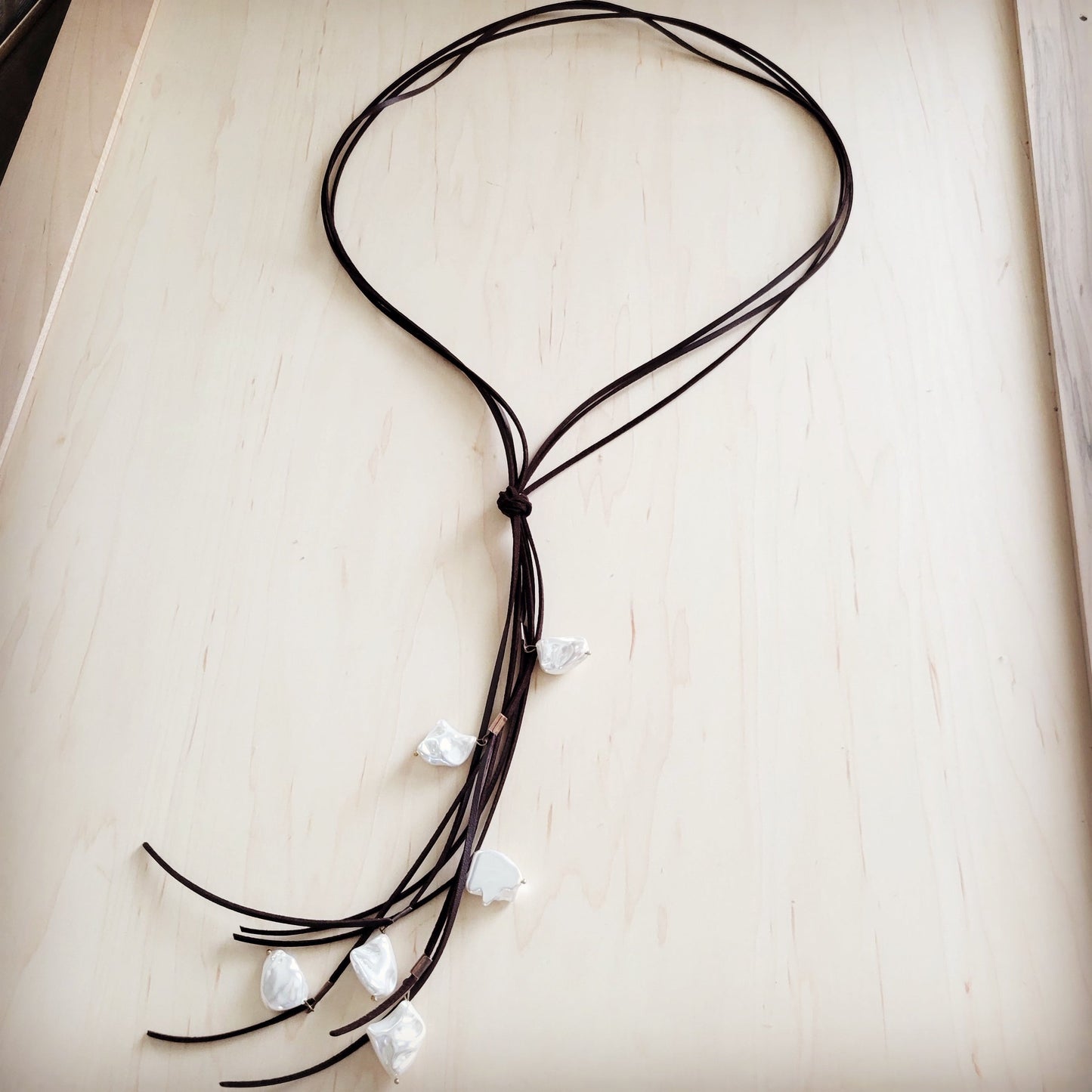 Dark Brown Boho Knotted Leather Cord Necklace w/ Pearls 263w-1