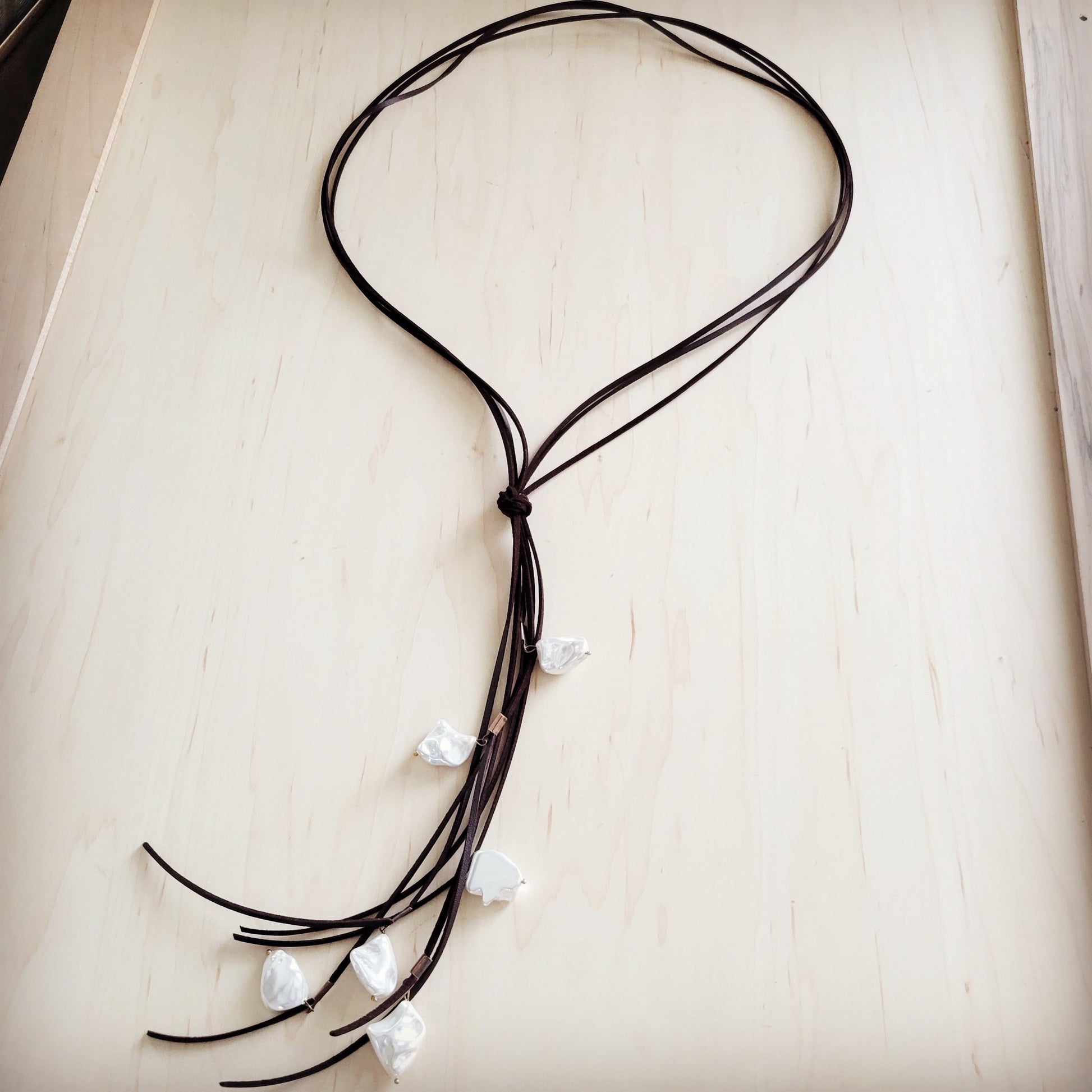 Dark Brown Boho Knotted Leather Cord Necklace w/ Pearls 263w-1