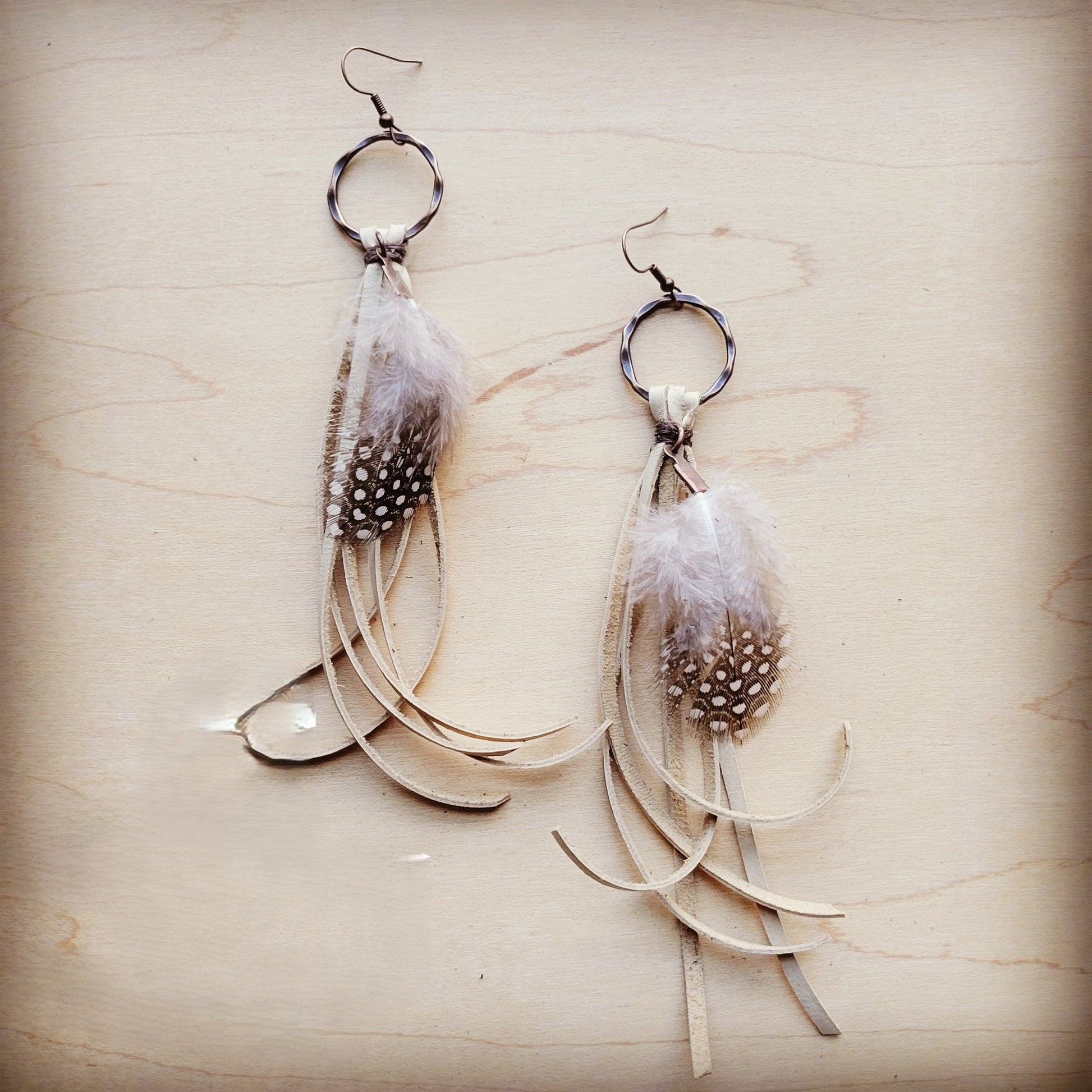 Boho Bone Deer Skin Leather Tassel Earring-Black & White Feather 217d-2