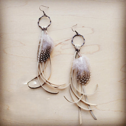 Boho Bone Deer Skin Leather Tassel Earring-Black & White Feather 217d-2