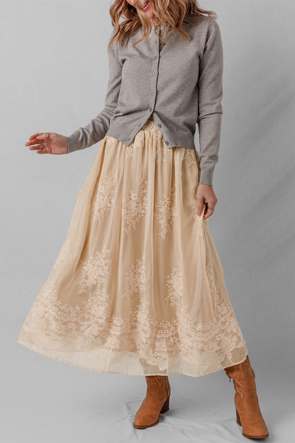 Vivienne Embroidered Mesh Overlay Long Skirt-3