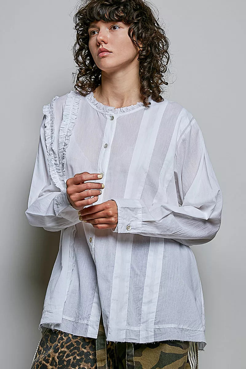 Lightweight Ruffle Trim Round Neck Woven Shirt