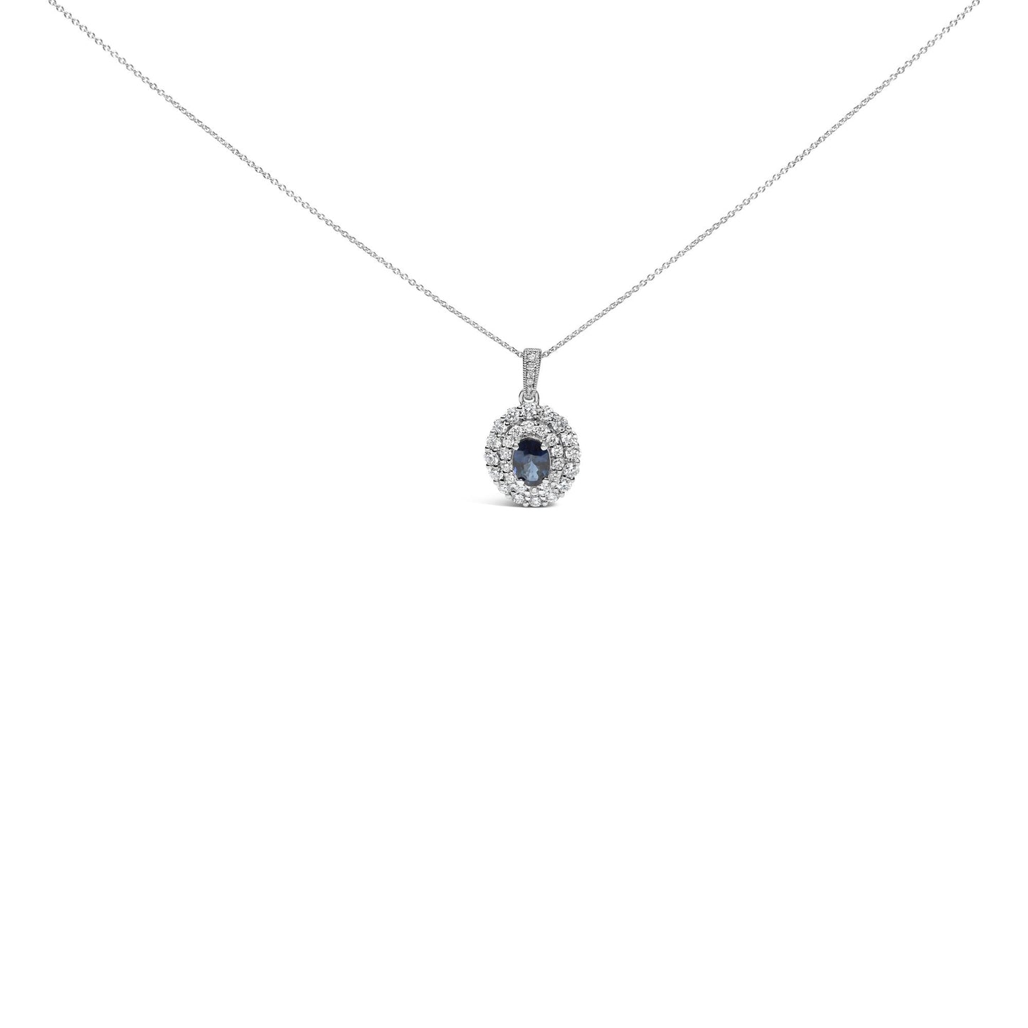 14K White Gold Oval Blue Sapphire and 3/4 Cttw Diamond Halo Pendant Necklace-0