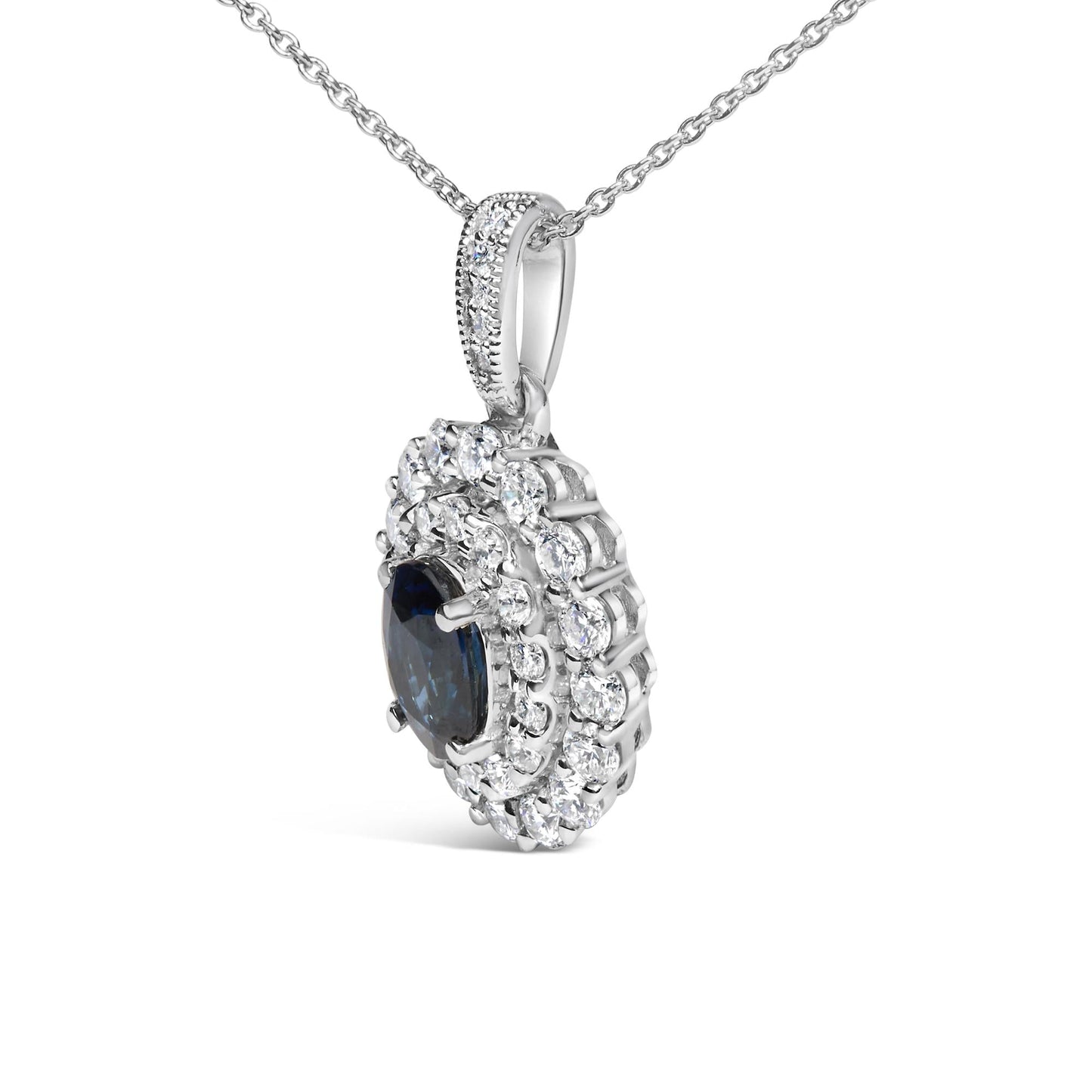 14K White Gold Oval Blue Sapphire and 3/4 Cttw Diamond Halo Pendant Necklace-3