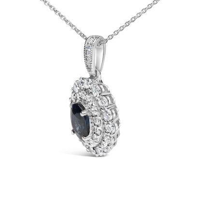 14K White Gold Oval Blue Sapphire and 3/4 Cttw Diamond Halo Pendant Necklace-3