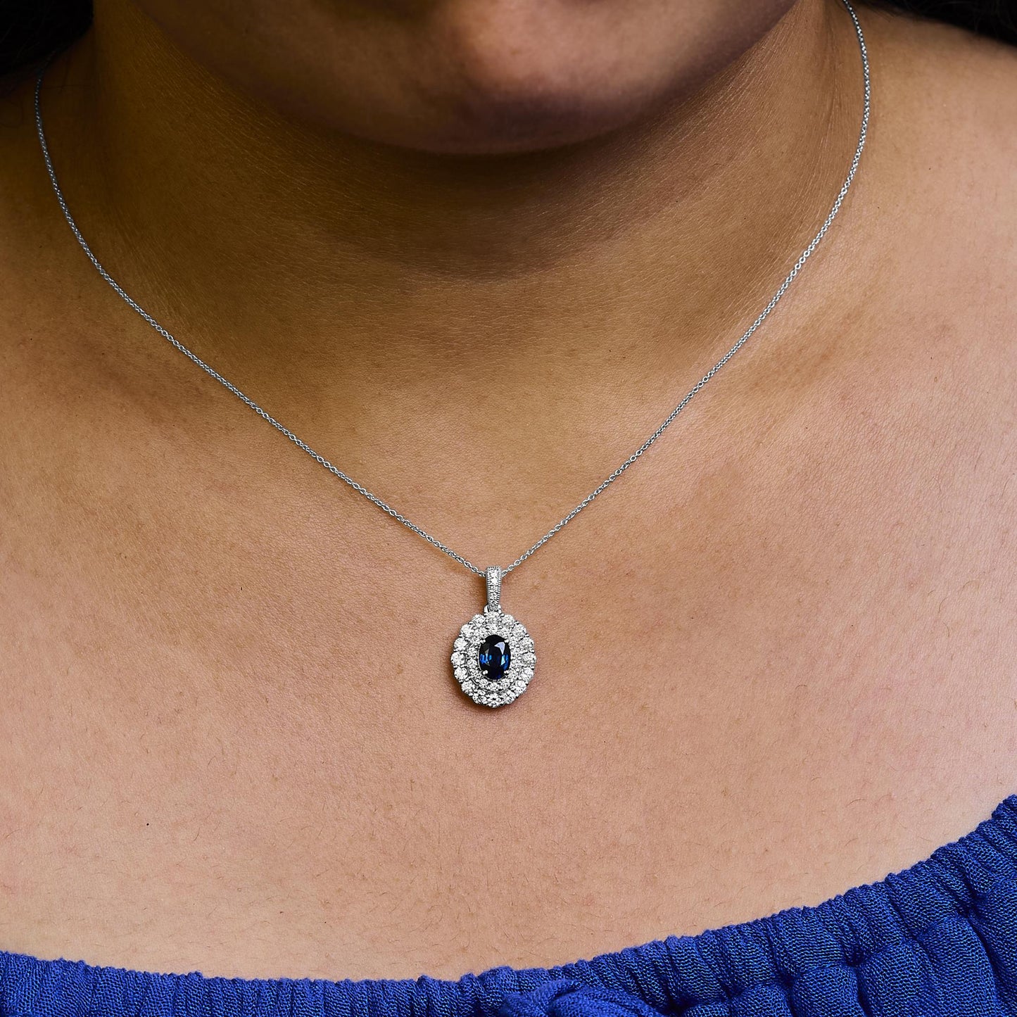 14K White Gold Oval Blue Sapphire and 3/4 Cttw Diamond Halo Pendant Necklace-2