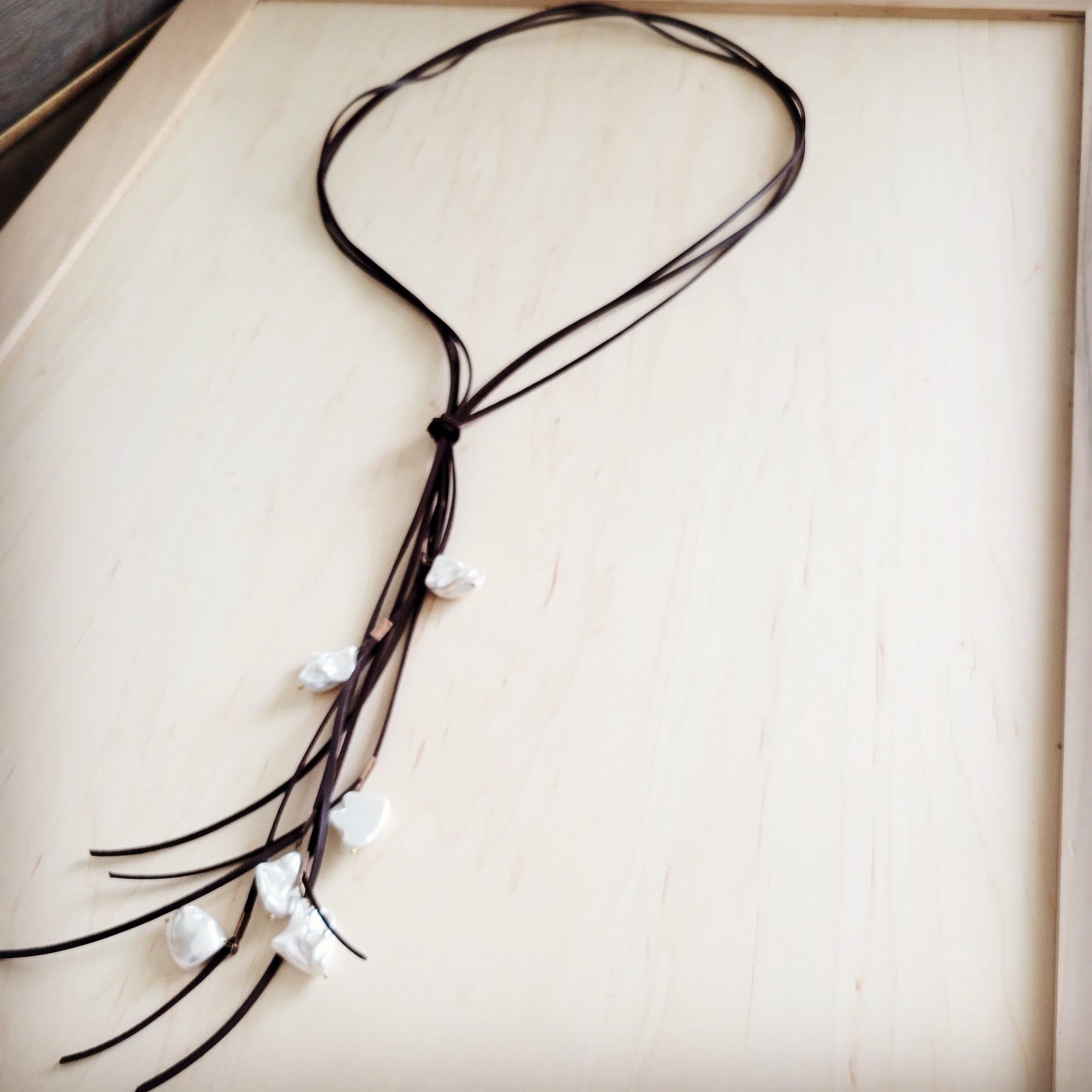 Dark Brown Boho Knotted Leather Cord Necklace w/ Pearls 263w-4