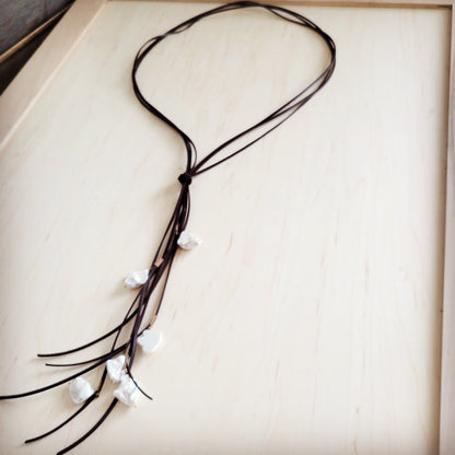 Dark Brown Boho Knotted Leather Cord Necklace w/ Pearls 263w-4