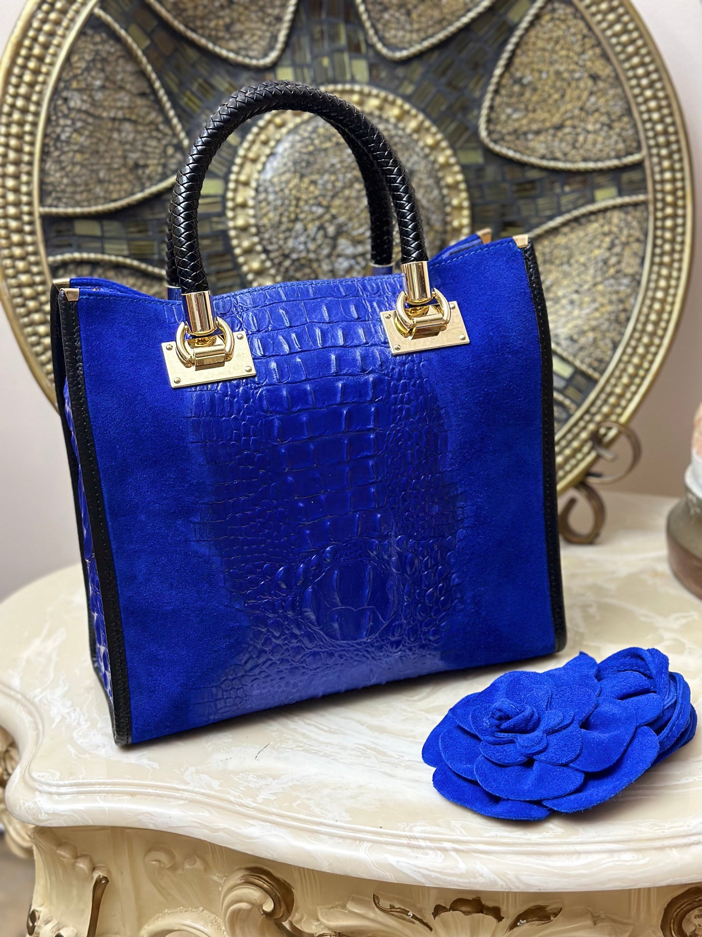 Suede Croc Emboss Italian Leather Handbag-2
