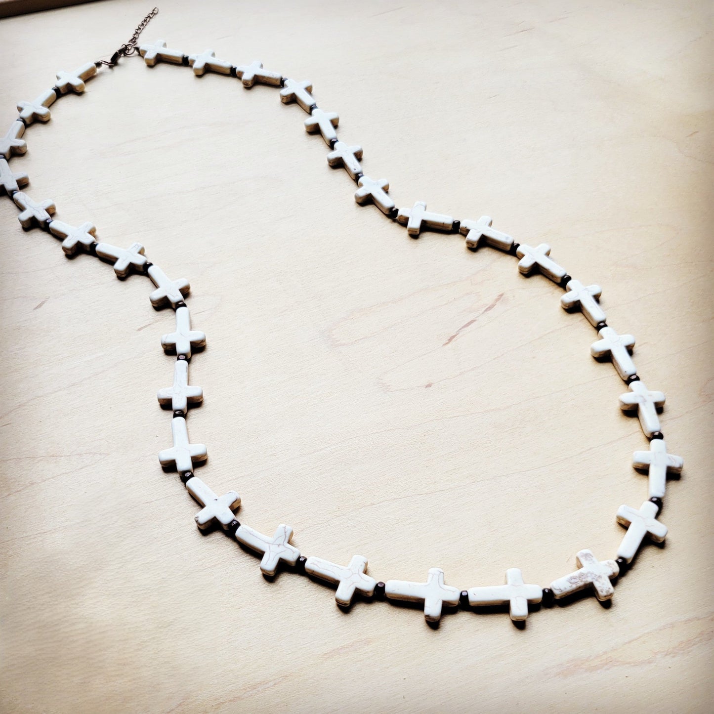 **White Turquoise & Wood Beaded Cross Necklace 258o-1