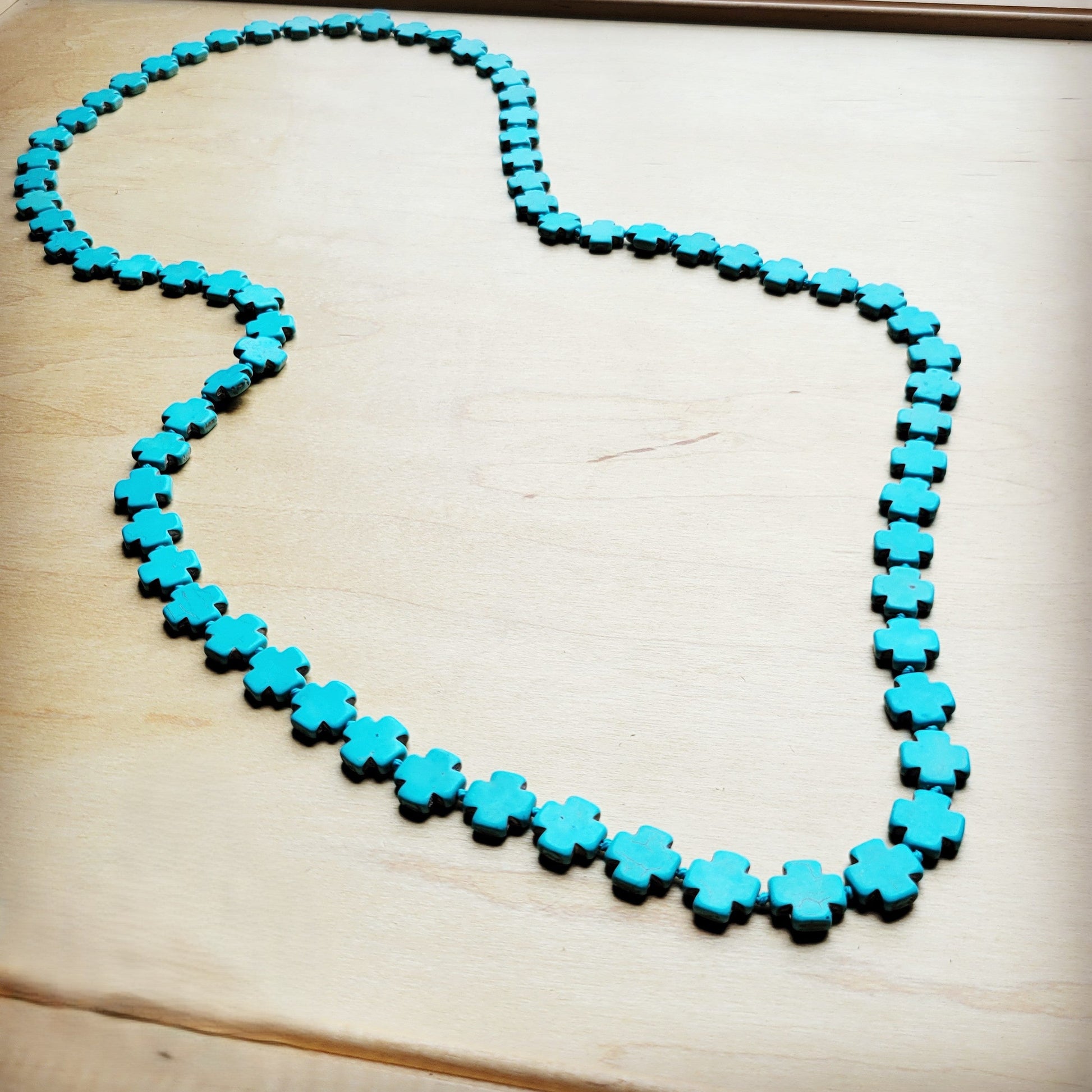 **Long Turquoise Beaded Cross Necklace 258L-1