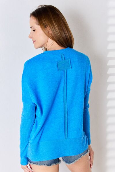 Zenana Ribbed Trim Round Neck Long Sleeve Top-1