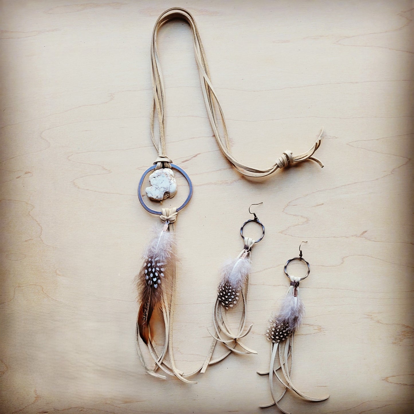 Boho Bone Deer Skin Leather Tassel Earring-Black & White Feather 217d-3