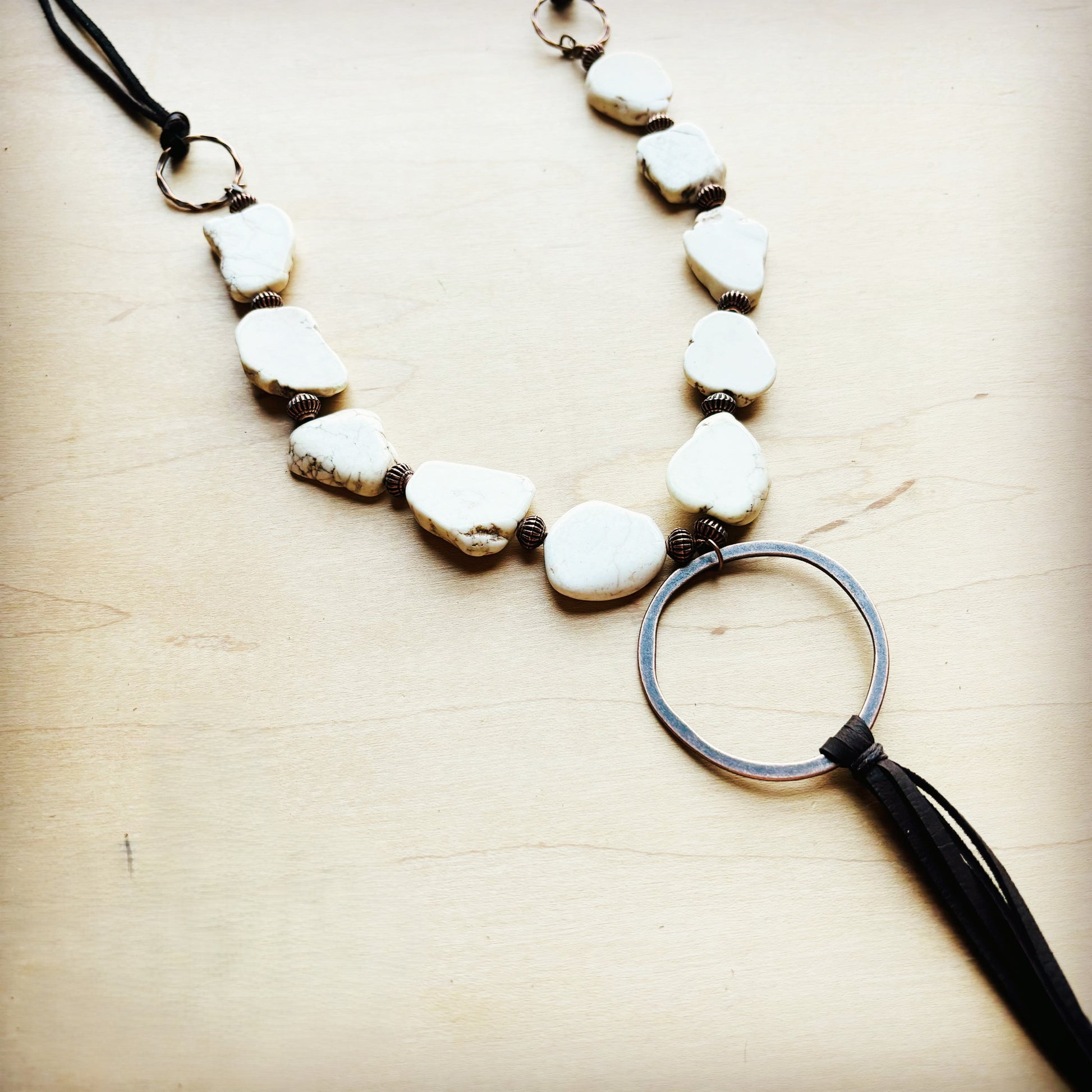 White Turquoise Chunky Necklace with Leather Tassel 225K-2