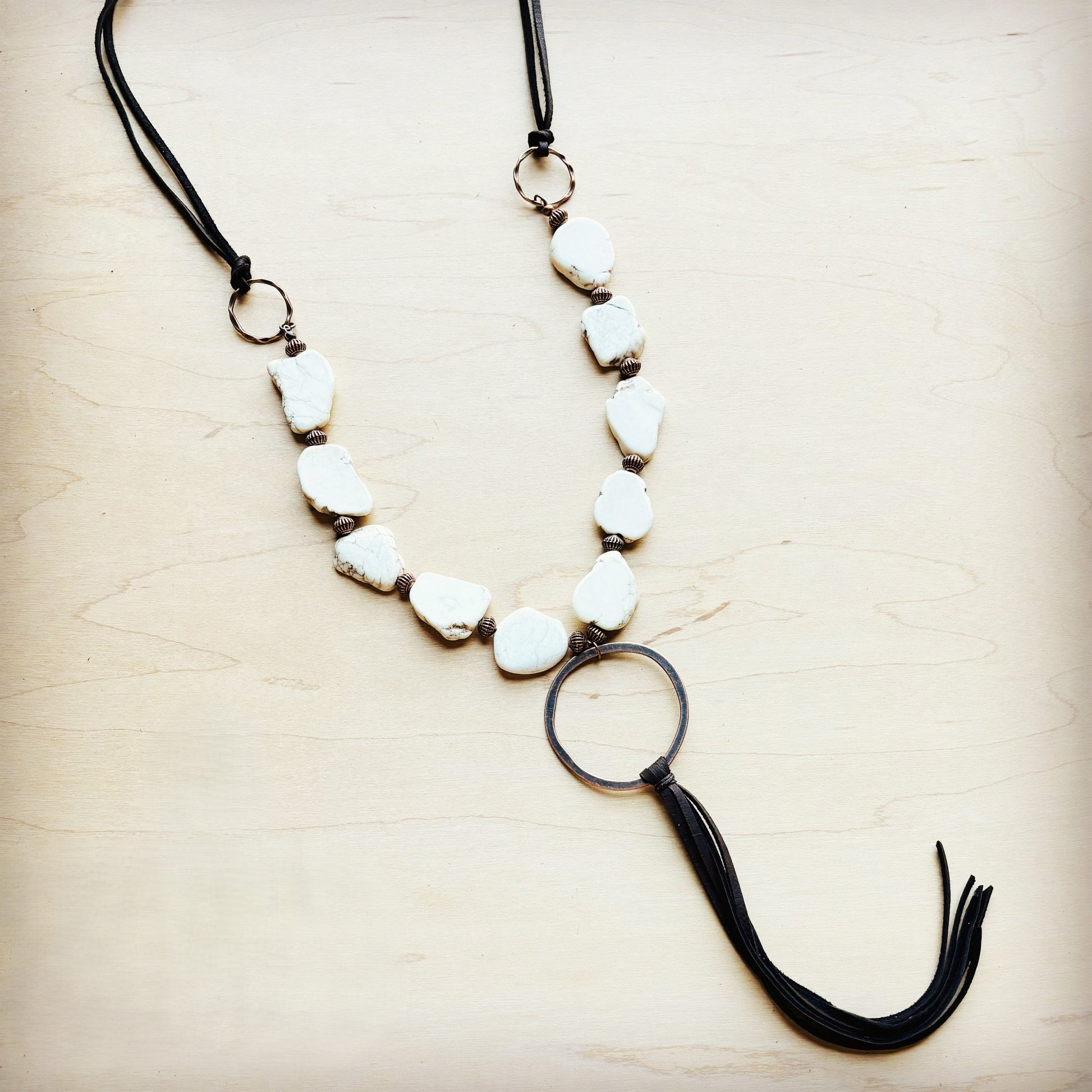 White Turquoise Chunky Necklace with Leather Tassel 225K-0