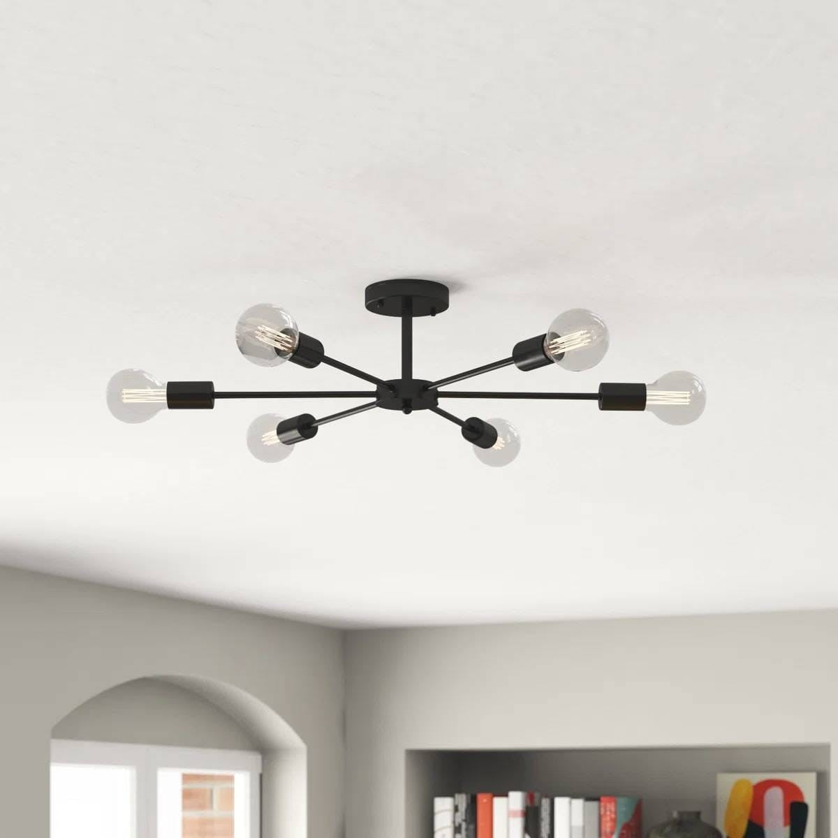 Mid-Century Modern 6-Light Semi Flush Mount Sputnik Ceiling Light in Black-0