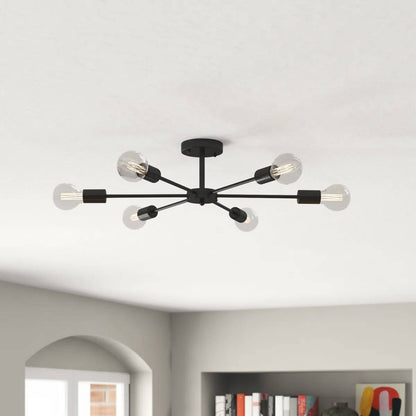 Mid-Century Modern 6-Light Semi Flush Mount Sputnik Ceiling Light in Black-0
