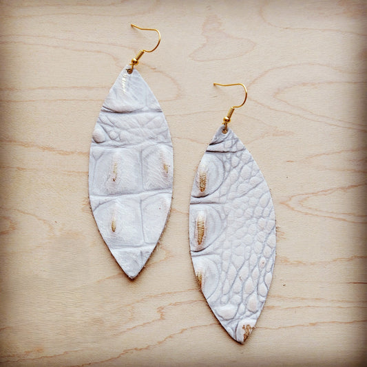 **Narrow Leather Oval Earrings-White and Gold Gator 209z-0