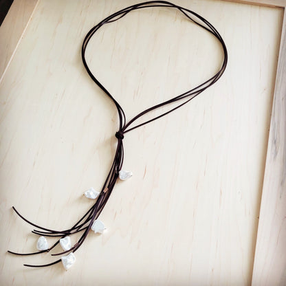 Dark Brown Boho Knotted Leather Cord Necklace w/ Pearls 263w-3