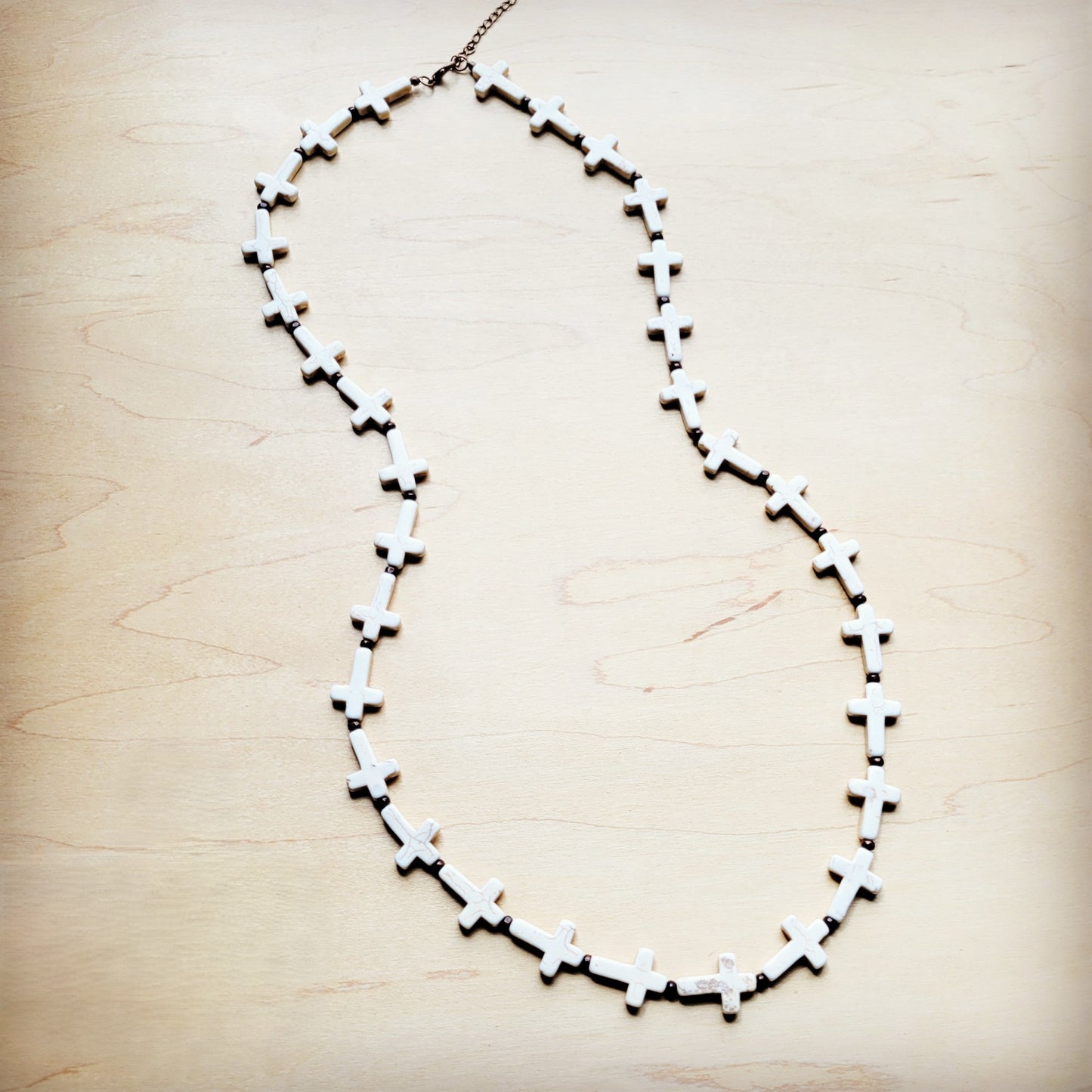 **White Turquoise & Wood Beaded Cross Necklace 258o-0