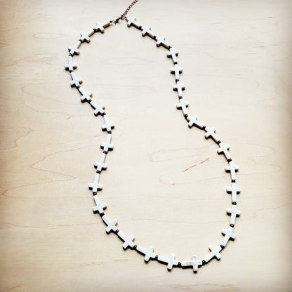 **White Turquoise & Wood Beaded Cross Necklace 258o-0