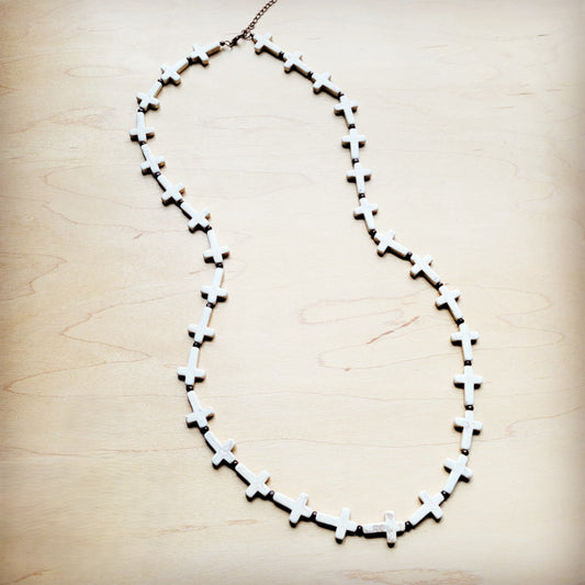 **White Turquoise & Wood Beaded Cross Necklace 258o-0