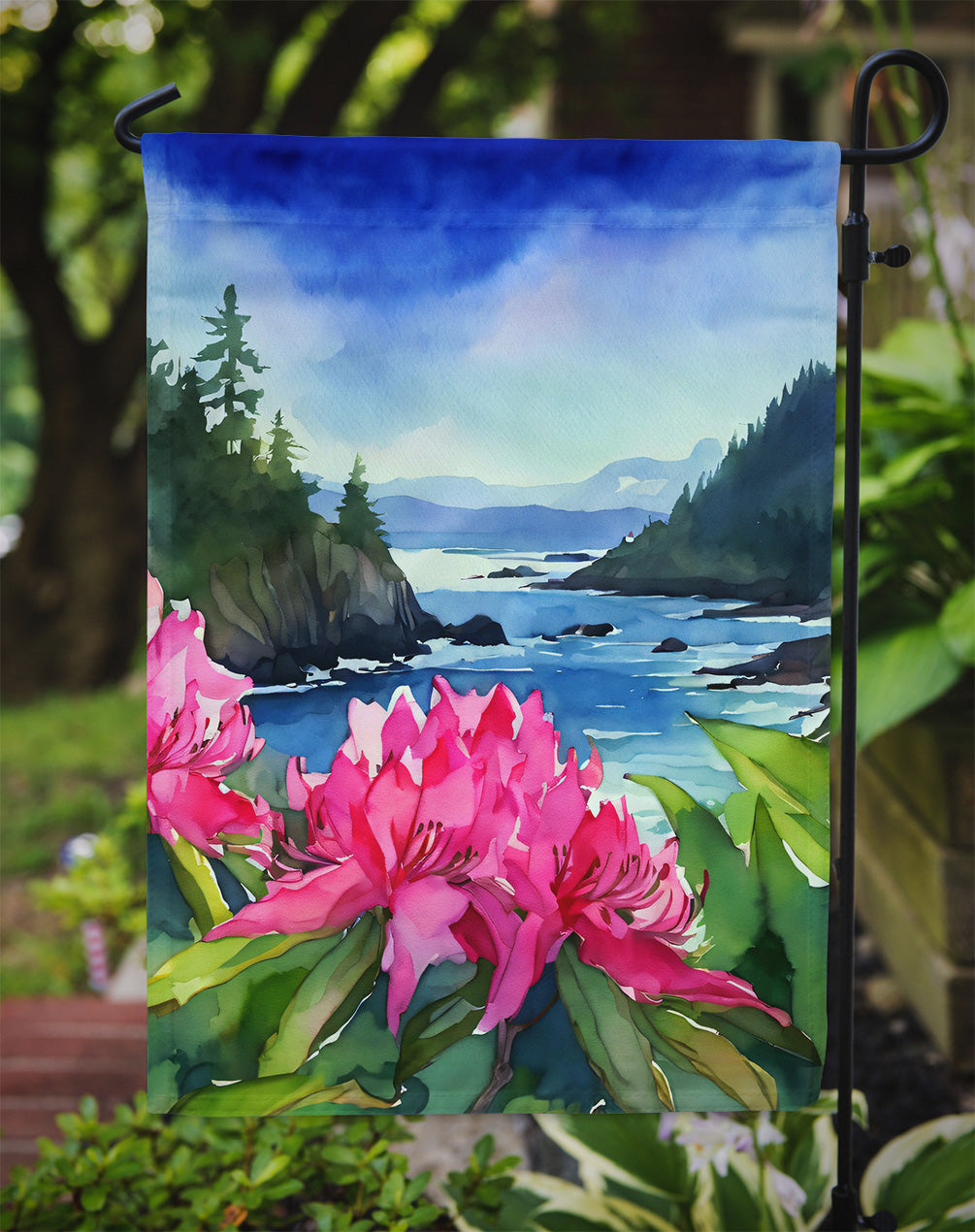 Washington Coast Rhododendrons in Watercolor Garden Flag-2