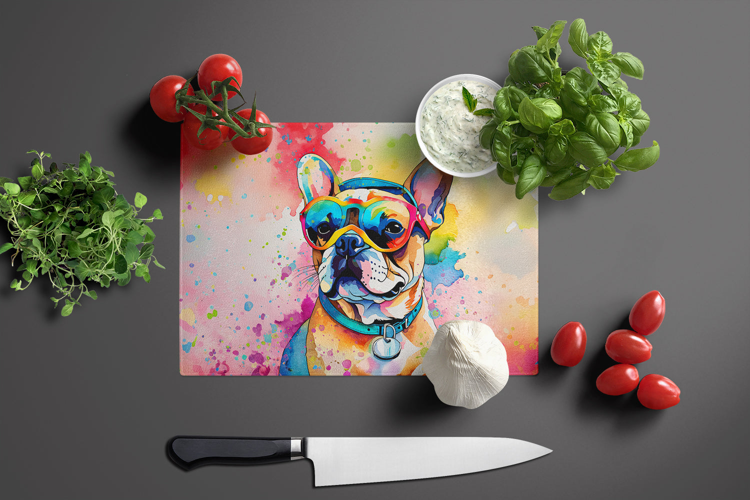 French Bulldog Hippie Dawg Glass Cutting Board-2