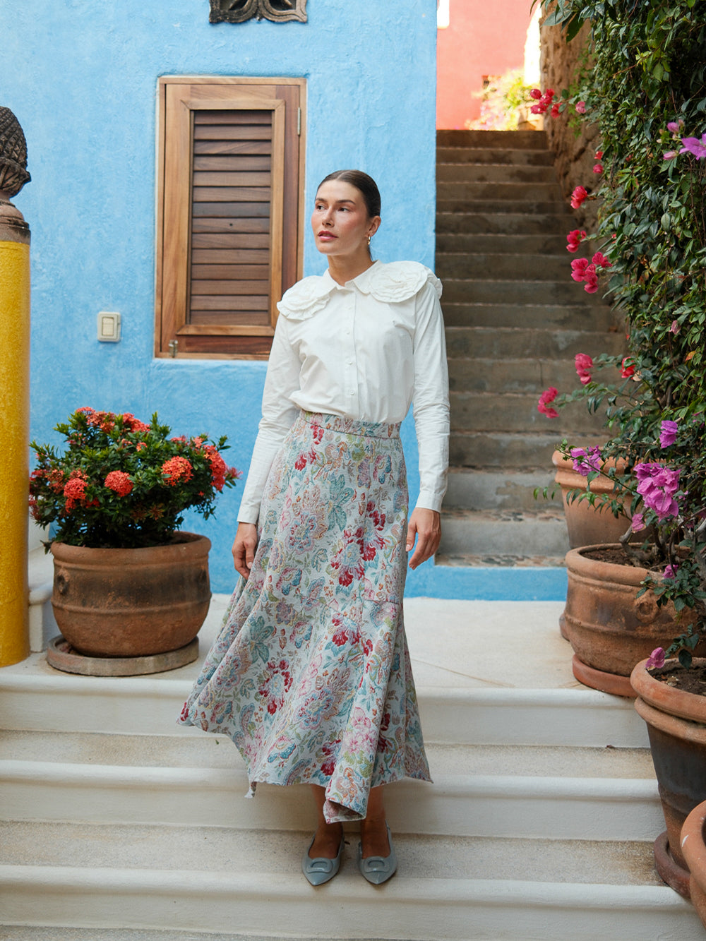 Flower Detail Cotton Blouse-White-3