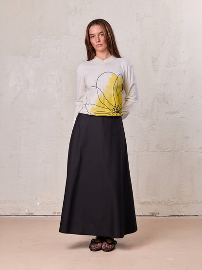 Elastic Back Maxi Cotton Blend Skirt-Black