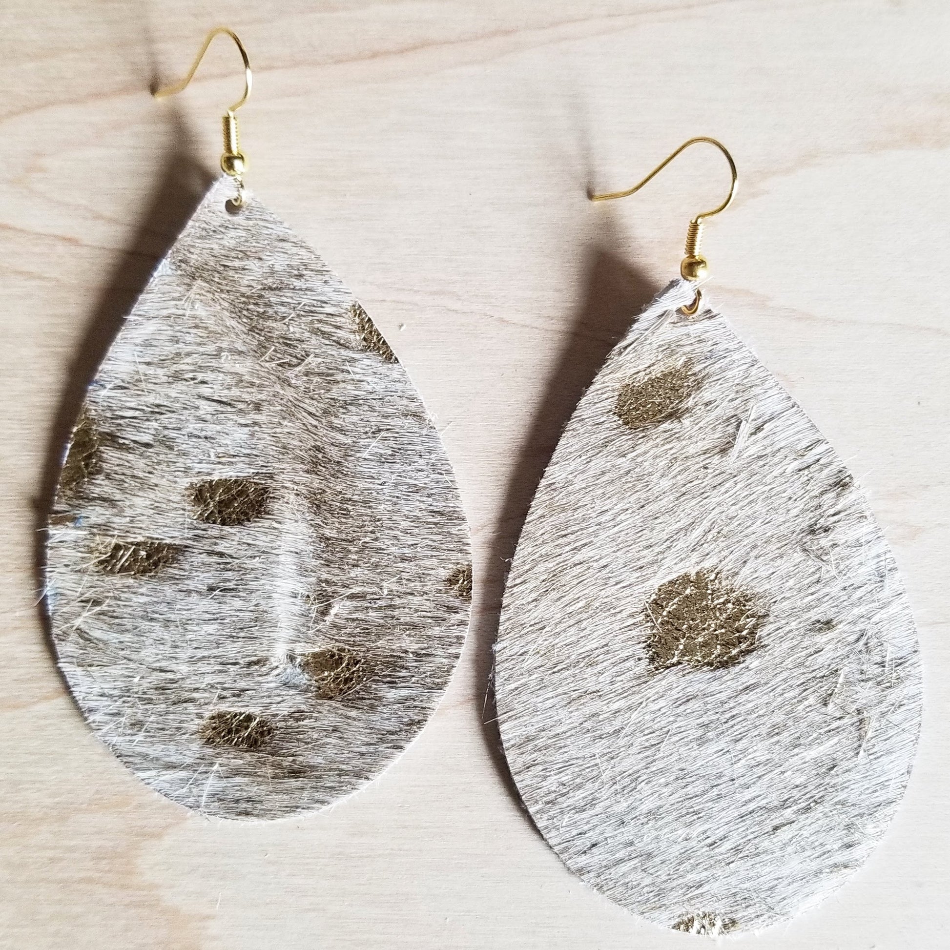 **Leather Teardrop Earrings-Cream and Gold Hair On Hide 221i-0