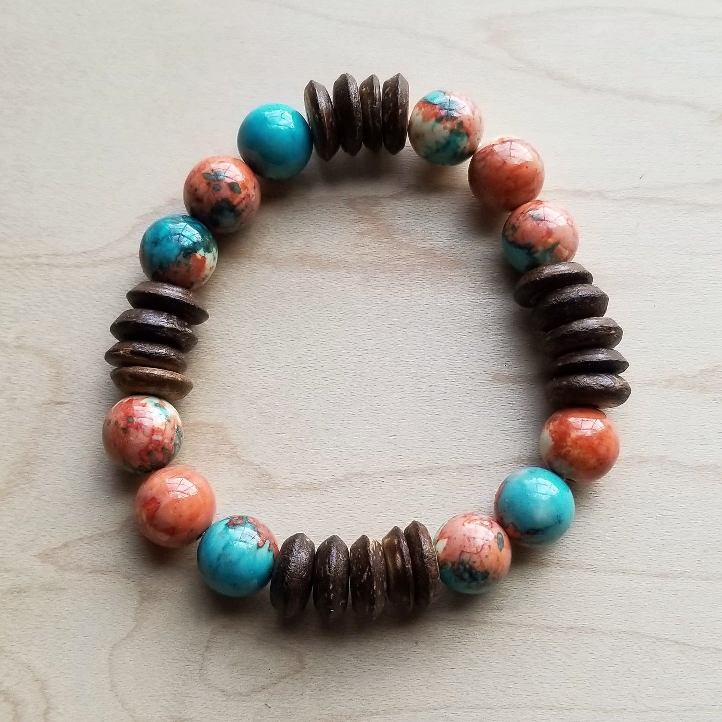 **Multi-Colored Turquoise and Wood Stretch Bracelet (802Q)