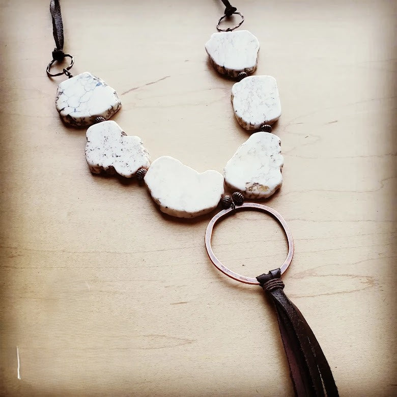 White Turquoise Chunky Necklace with Leather Tassel 225K-4