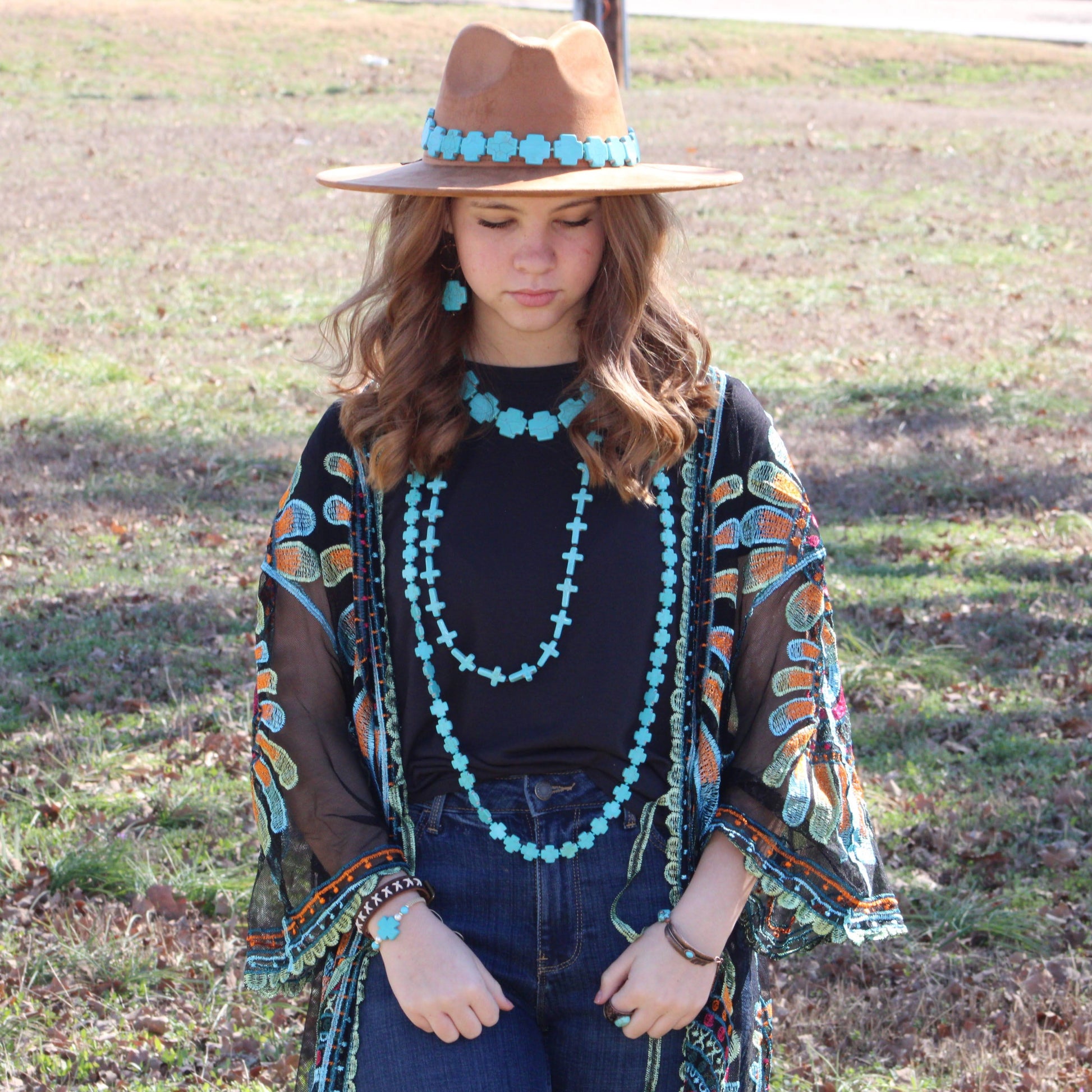 **Long Turquoise Beaded Cross Necklace 258L-2