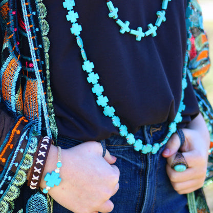 **Long Turquoise Beaded Cross Necklace 258L-3