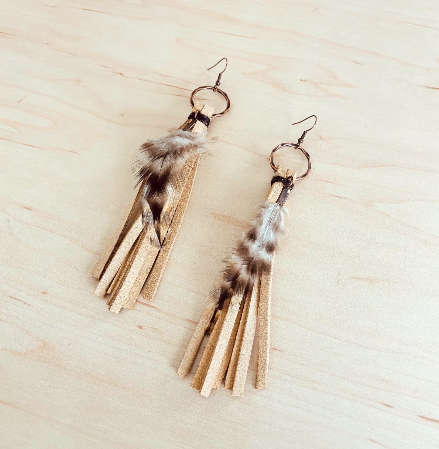Boho Bone Deer Skin Leather Tassel Earring-Black & White Feather 217d-1